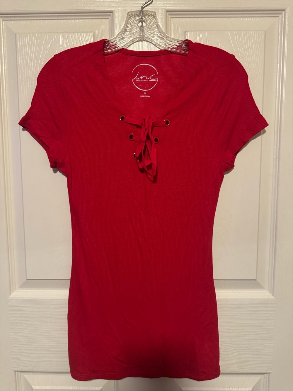 INC International Concepts Bright Red Lace-Up Short Sleeve Tee